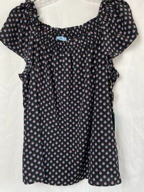 CeCe Women's Black Ruffled Square-Neckline Red Blue Floral Blouse 1X
